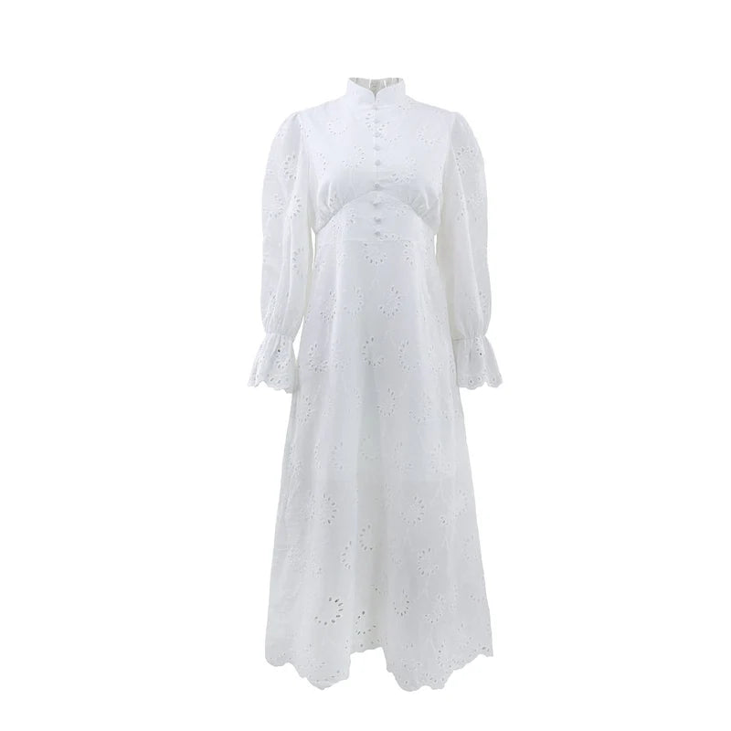 Elegant Vacation Long-Sleeve Hollow-Out Waist-Cinching Button Dress