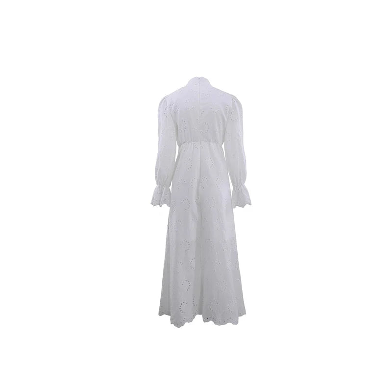 Elegant Vacation Long-Sleeve Hollow-Out Waist-Cinching Button Dress